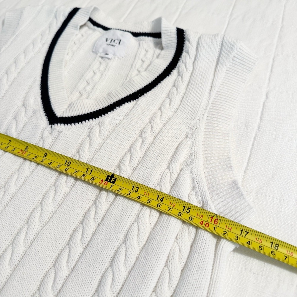 VICI Cable Knit Sleeveless Dress MEDIUM White 100% Cotton V Neck Preppy Golf - Picture 6 of 10